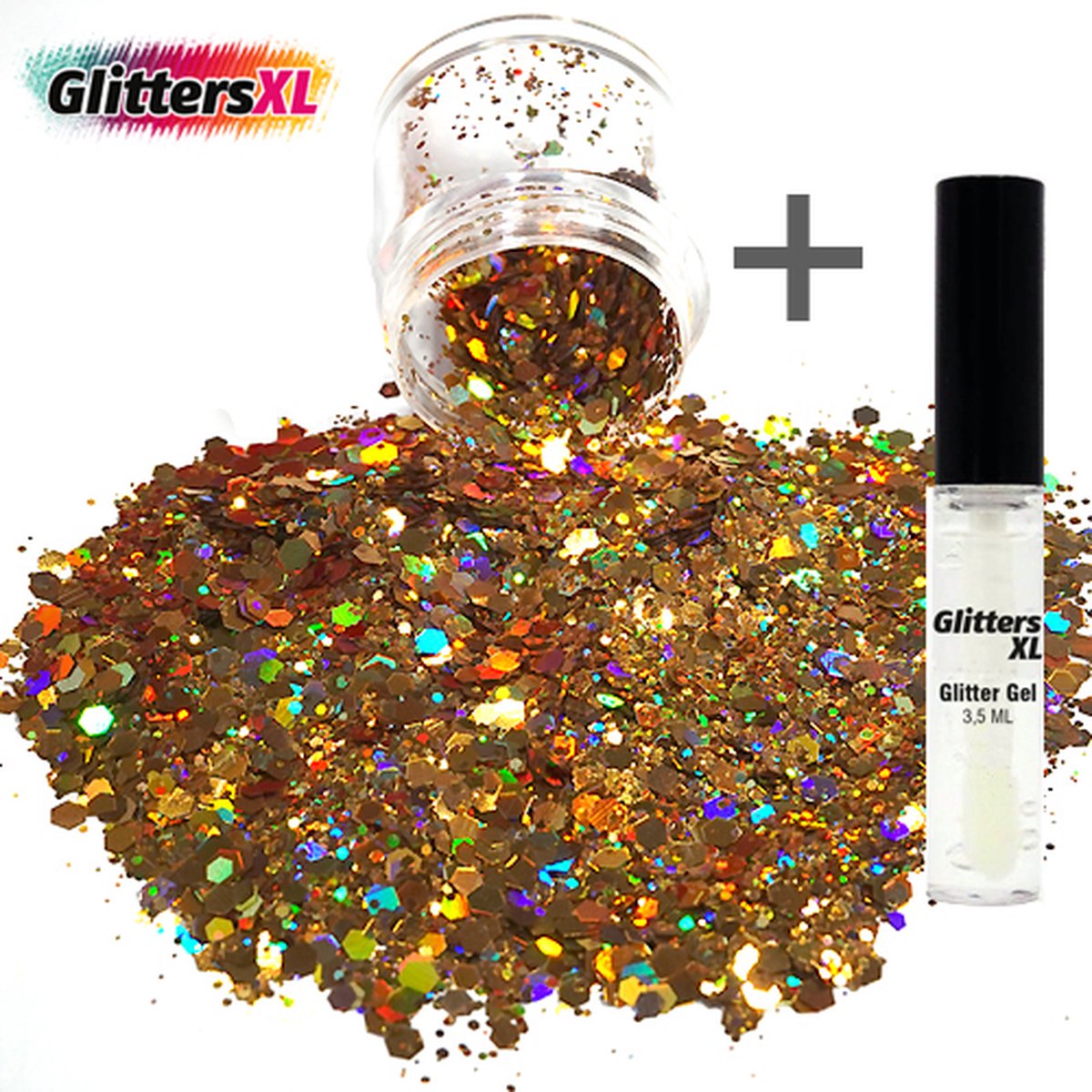 GlittersXL - Chunky Glitters (Goud) (Volume 8g) + Glitter Huid Lijm [Festival Makeup Gezicht Lichaam - Face Body Glitter - Biologisch afbreekbaar - Versiering Dames Volwassen Kinderen]